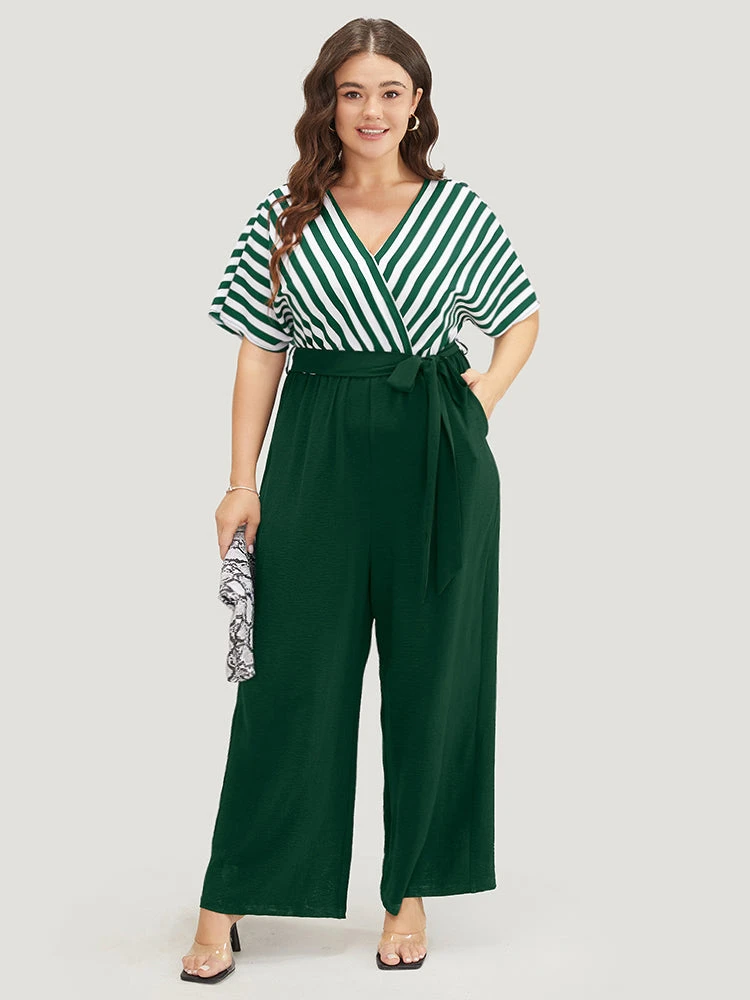 Striped Patchwork Pocket Batwing Sleeve Belted Wrap Jumpsuit 15 Striped Patchwork Pocket Batwing Sleeve Belted Wrap Jumpsuit - Image 13