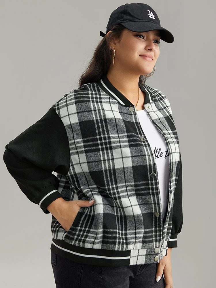Plaid Button Through Pocket Baseball Collar Bomber Jacket 5 Plaid Button Through Pocket Baseball Collar Bomber Jacket - Image 3