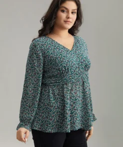 Chiffon Ditsy Floral Elastic Waist Ruffle Hem Blouse -Clothing Shop 900372558 ic