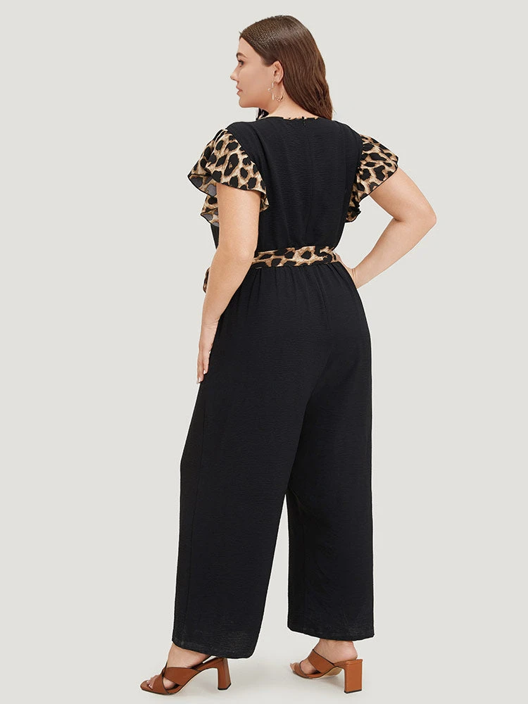 Leopard Patchwork Pocket Belted Ruffle Sleeve Jumpsuit 6 Leopard Patchwork Pocket Belted Ruffle Sleeve Jumpsuit - Image 4