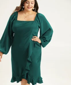 Anti-Wrinkle Square Neck Ruffle Trim Wrap Hem Dress -Clothing Shop 90232131 cq a650d8c0 8765 4510 a640 04f769b56477