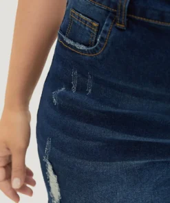 Moderately Stretchy High Rise Dark Wash Distressed Denim Shorts -Clothing Shop 902399246 wj