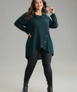 Rib Knit Cowl Neck Button Detail Wrap Hem T-shirt -Clothing Shop 902961408 fj