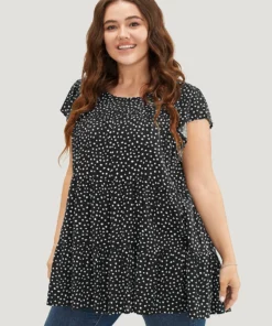 Allover Print Cap Sleeve Ruffle Hem Gathered Blouse -Clothing Shop 903082420 dz 7a636269 e61c 4580 83ed 5aa88fbefe75