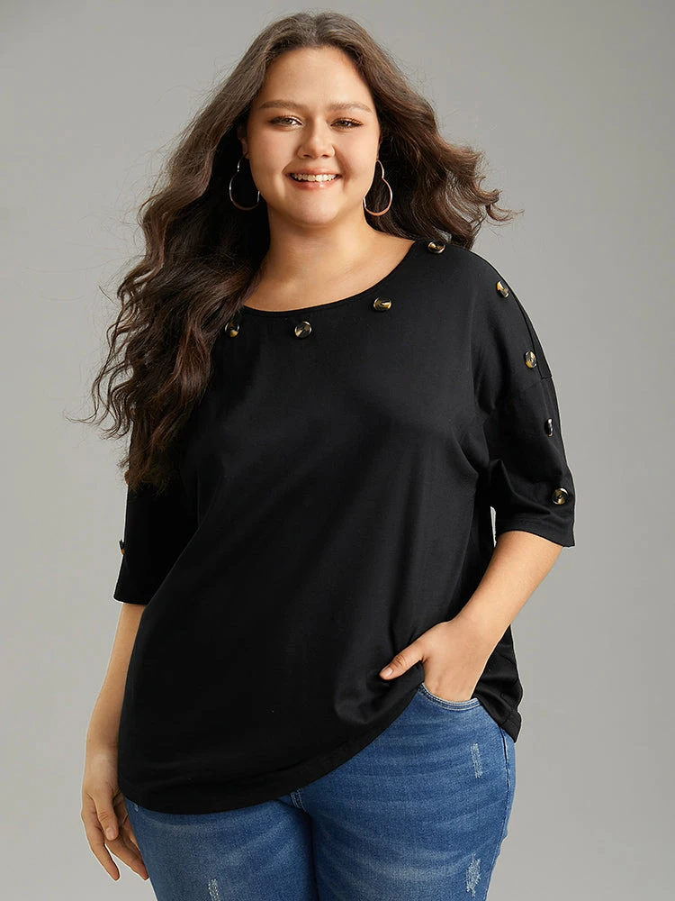 Plain Button Detail Drop Shoulder T-shirt 3 Plain Button Detail Drop Shoulder T-shirt