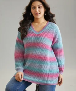 Rainbow Ombre V Neck Loose Pullover -Clothing Shop 903299863 le