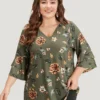 Floral Print V Neck Ruffle Layered Sleeve T-shirt -Clothing Shop 903422272 el