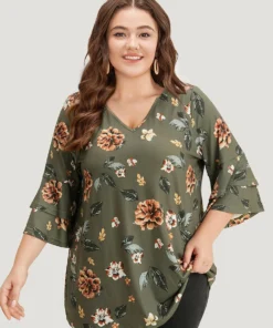 Floral Print V Neck Ruffle Layered Sleeve T-shirt