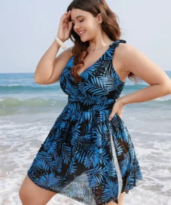 Plant Print Bow Ruffle Split Hem Swim Dress -Clothing Shop 903473025 xw