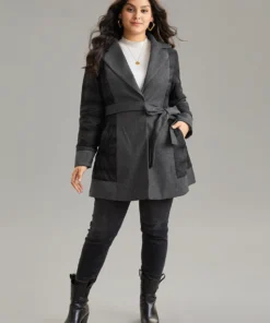 Padded Patchwork Tweed Belted Lapel Collar Coat -Clothing Shop 903837935 bh