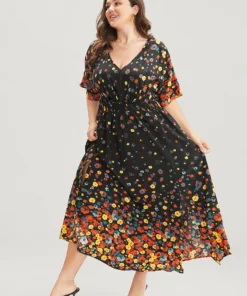 Floral Printed Pocket V Neck Shirred Split Hem Dress -Clothing Shop 904229418 ov 4261a066 f160 42ac 85d2 ad23b72966da