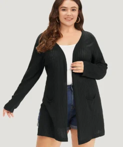 Solid Rib Knit Pocket Lightweight Tunic Cardigan