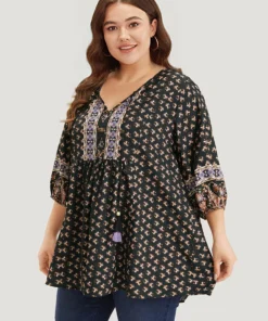 Bandana Print Lantern Sleeve Tassels Tie Neck Blouse -Clothing Shop 905915554 yi