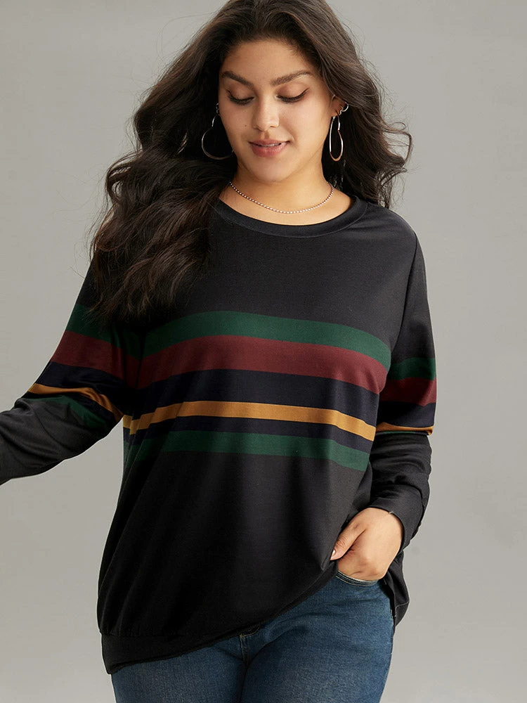 Contrast Striped Basic Crew Neck Sweatshirt 3 Contrast Striped Basic Crew Neck Sweatshirt