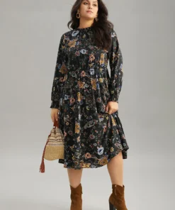 Floral Print Shirred Gathered Stand Collar Dress