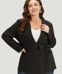 Plain Ties Pocket Belted Lapel Collar Blazer