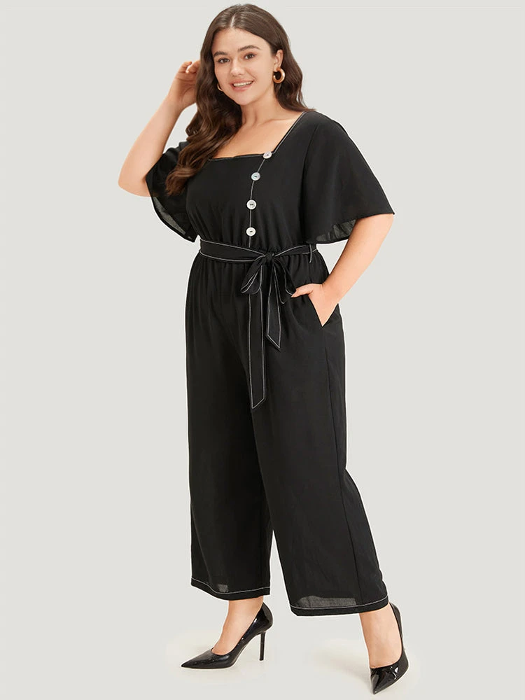 Contrast Stitch Pocket Button Detail Belted Zipper Jumpsuit 4 Contrast Stitch Pocket Button Detail Belted Zipper Jumpsuit - Image 2