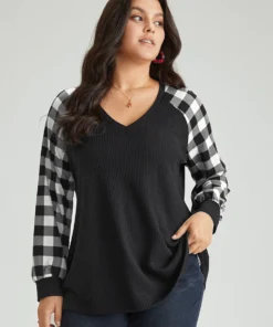 Waffle Knit Plaid Patchwork Raglan Sleeve T-shirt -Clothing Shop 908054218 qf b8627411 f2d7 4744 b037 e43164545bac