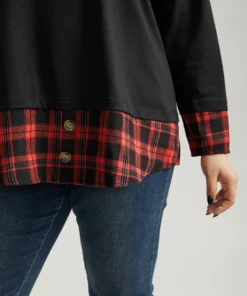 Plaid Patchwork Button Detail Curved Hem Sweatshirt -Clothing Shop 908162310 sf
