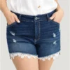 Moderately Stretchy Ripped Lace Raw Hem Denim Shorts