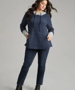 Waffle Knit Pocket Hooded Patchwork Sweatshirt -Clothing Shop 909840316 ko