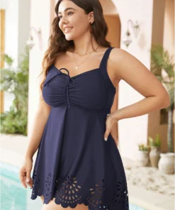 Laser Cut Ruched Drawstring A Line Swim Dress -Clothing Shop 910321427 rq