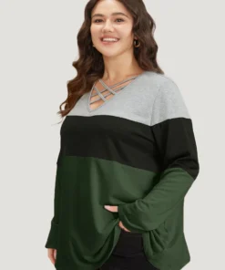 Colorblock Contrast Crisscross V Neck Sweatshirt -Clothing Shop 910369399 rr ec2454f4 4b97 4765 9476 75c65ba4eac7