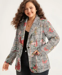 Floral Plaid Patchwork Pocket Blazer -Clothing Shop 911058123 wi 4e038f90 b9e1 44d2 8c81 8af9ce32069c