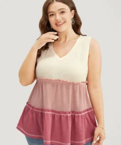 Colorblock Contrast Frill Trim Ruffle Tiered Waffle Knit Tank Top -Clothing Shop 911059353 fg