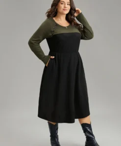 Contrast Button Detail Waffle Knit Pocket Dress -Clothing Shop 911113184 bp