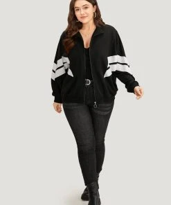 Striped Geometric Mock Neck Zipper Jacket -Clothing Shop 911463884 za