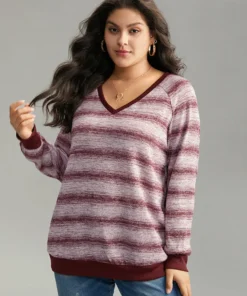 Striped Ombre Rib Knit Elastic Cuffs Sweatshirt