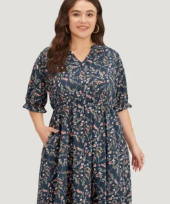 Ditsy Floral Notched Flutter Trim Elastic Waist Dress -Clothing Shop 912025601 jt