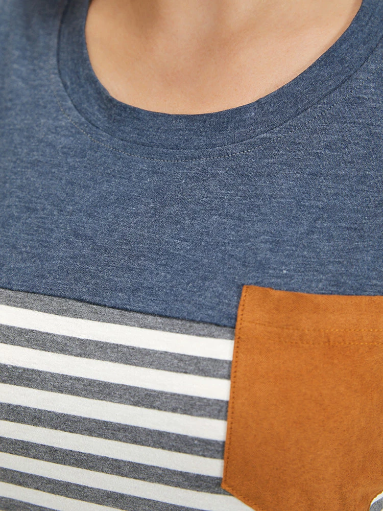 Striped Patchwork Round Neck Patched Pocket T-shirt 7 Striped Patchwork Round Neck Patched Pocket T-shirt - Image 5