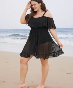 Plain Mesh Ruffle Trim Cold Shoulder Swim Dress -Clothing Shop 912400537 tu