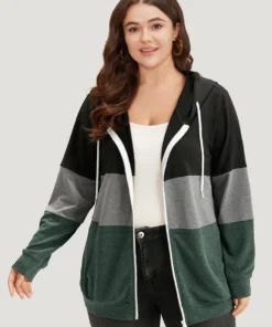 Colorblock Contrast Drawstring Zipper Hooded Sweatshirt -Clothing Shop 912925126 bh