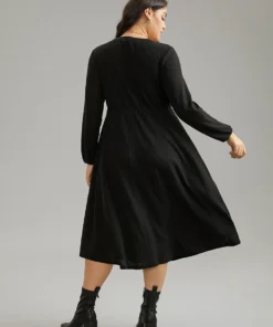 Solid Rib Knit Button Detail Elastic Waist Dress -Clothing Shop 91304057 jk