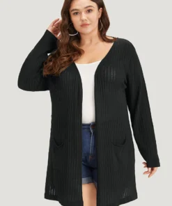 Solid Rib Knit Pocket Lightweight Tunic Cardigan -Clothing Shop 913342671 ct