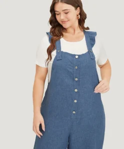 Plain Pocket Button Through Ruffle Trim Overall Jumpsuit -Clothing Shop 91351115 am