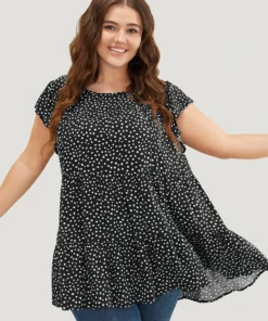 Allover Print Cap Sleeve Ruffle Hem Gathered Blouse -Clothing Shop 913665255 tt 1a8b1f44 4967 4d3c b2c9 6f2581dc5fbe