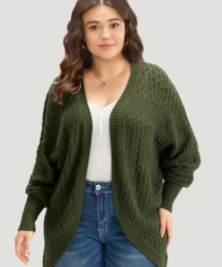 Solid Batwing Sleeve Curved Hem Cardigan