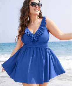 Ruffle Trim Adjustable Straps Gathered Sculpt Waist Swim Dress -Clothing Shop 913872243 ji