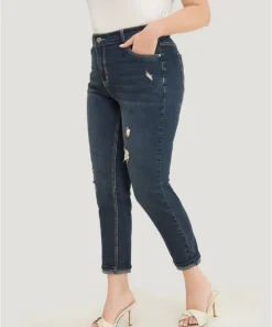 Very Stretchy High Rise Dark Wash Distressed Stitch Jeans -Clothing Shop 913878124 pm