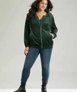 Velvet Zipper Pocket Drawstring Hooded Jacket -Clothing Shop 914440340 py