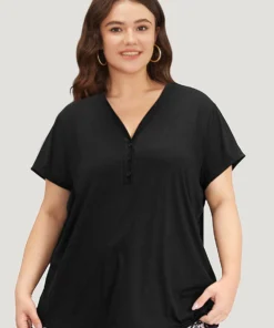 Plain V Neck Button Up Sleep Top