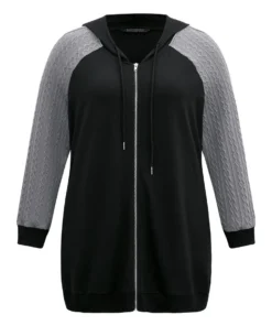 Textured Contrast Zipper Hooded Drawstring Sweatshirt -Clothing Shop 914972519 wm