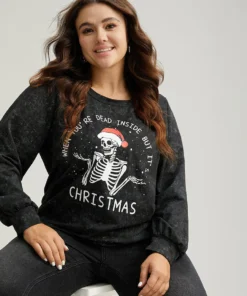 Christmas Vintage Skull Print Crew Neck Sweatshirt -Clothing Shop 915588744 pc