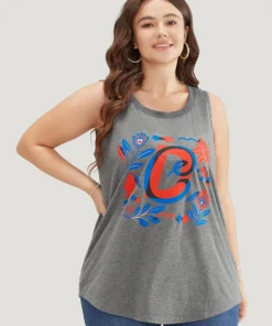 Letter & Floral Print Sleeveless Tank Top -Clothing Shop 91642384 hk