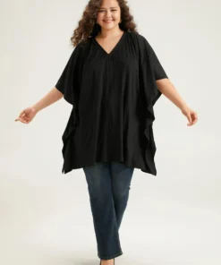 V Neck Solid Dolman Sleeve T-shirt -Clothing Shop 916768406 fu