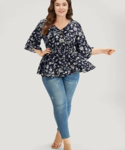 Floral Print Shirred Button Detail V Neck Petal Sleeve Blouse -Clothing Shop 918850037 ut
